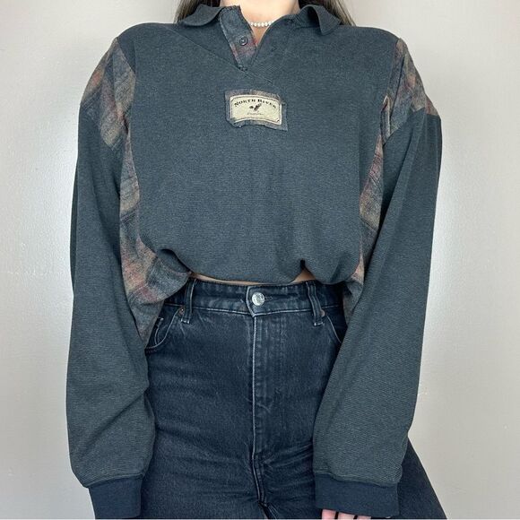 Reworked North River Flannel Sweater Western Gray Cozy Relaxed Sweater Shirt - Picture 2 of 6